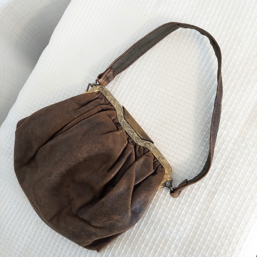 Vtg Purse Handbag Click Lock Double Frame Kisslock Coin Pouch Leather Mirror